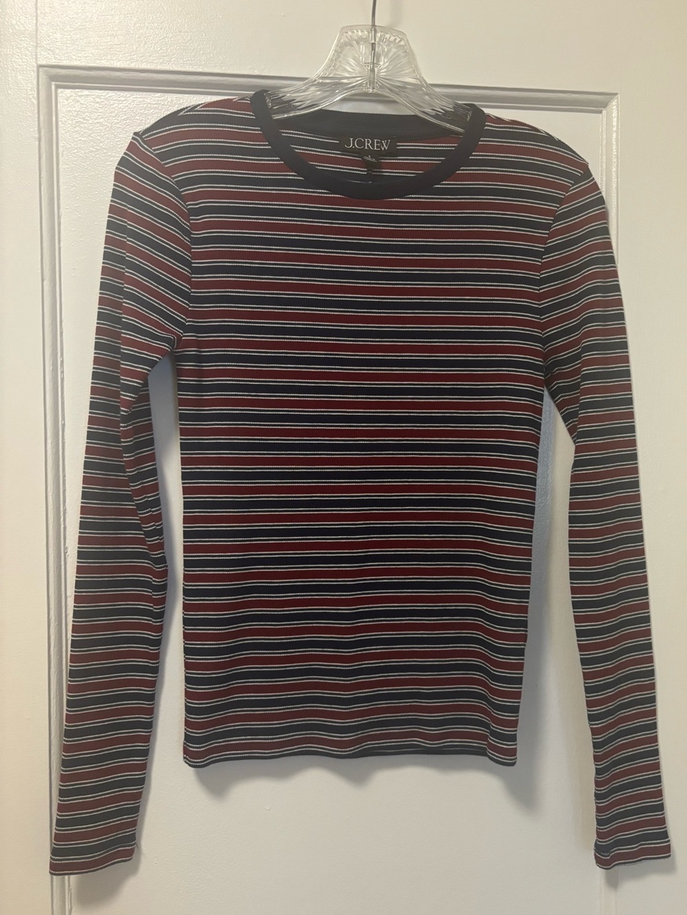 J. Crew Long Sleeve Striped Crewneck Top in Burgundy and navy blue
